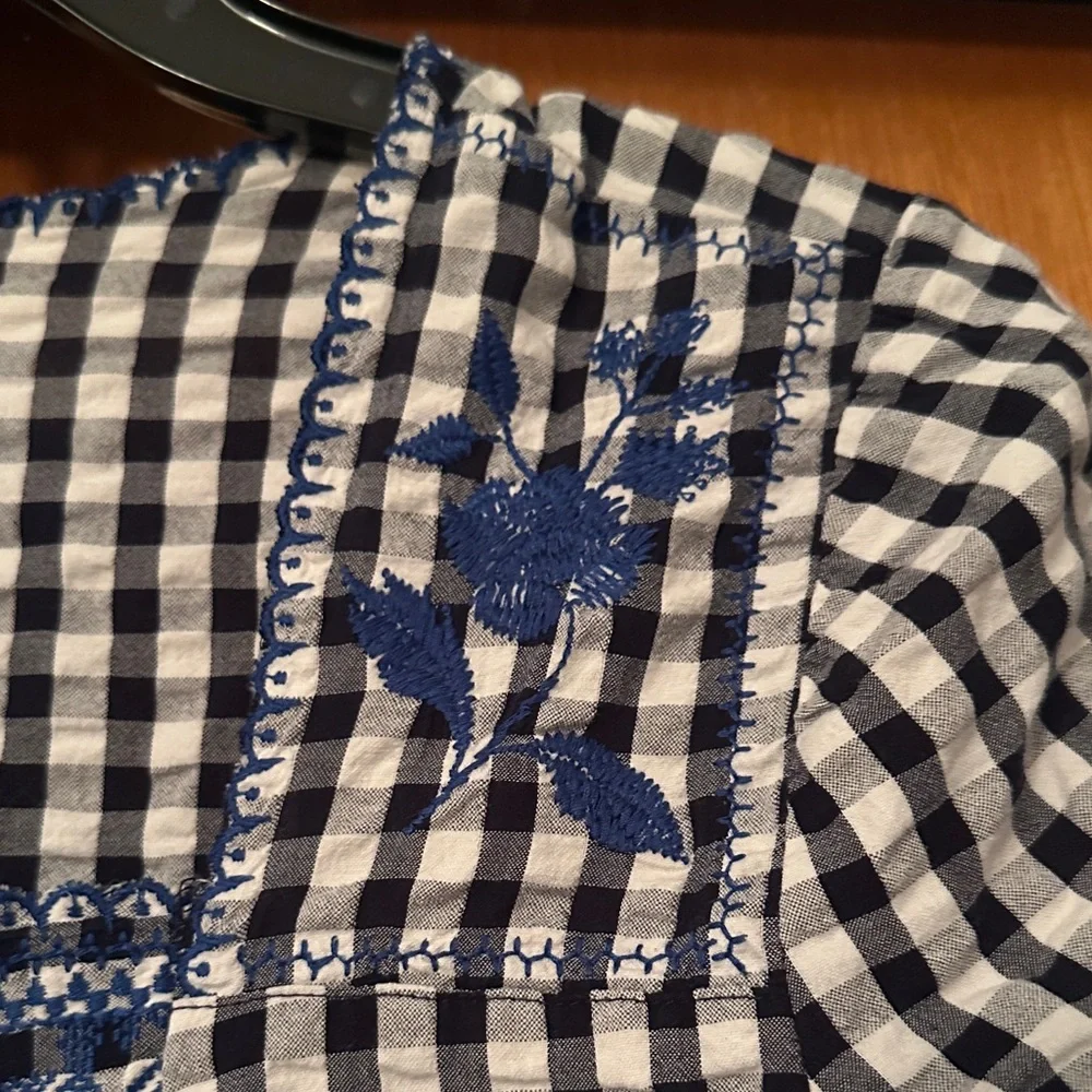 J. Crew Navy and White Checkered Blouse with Embroidery - Preloved